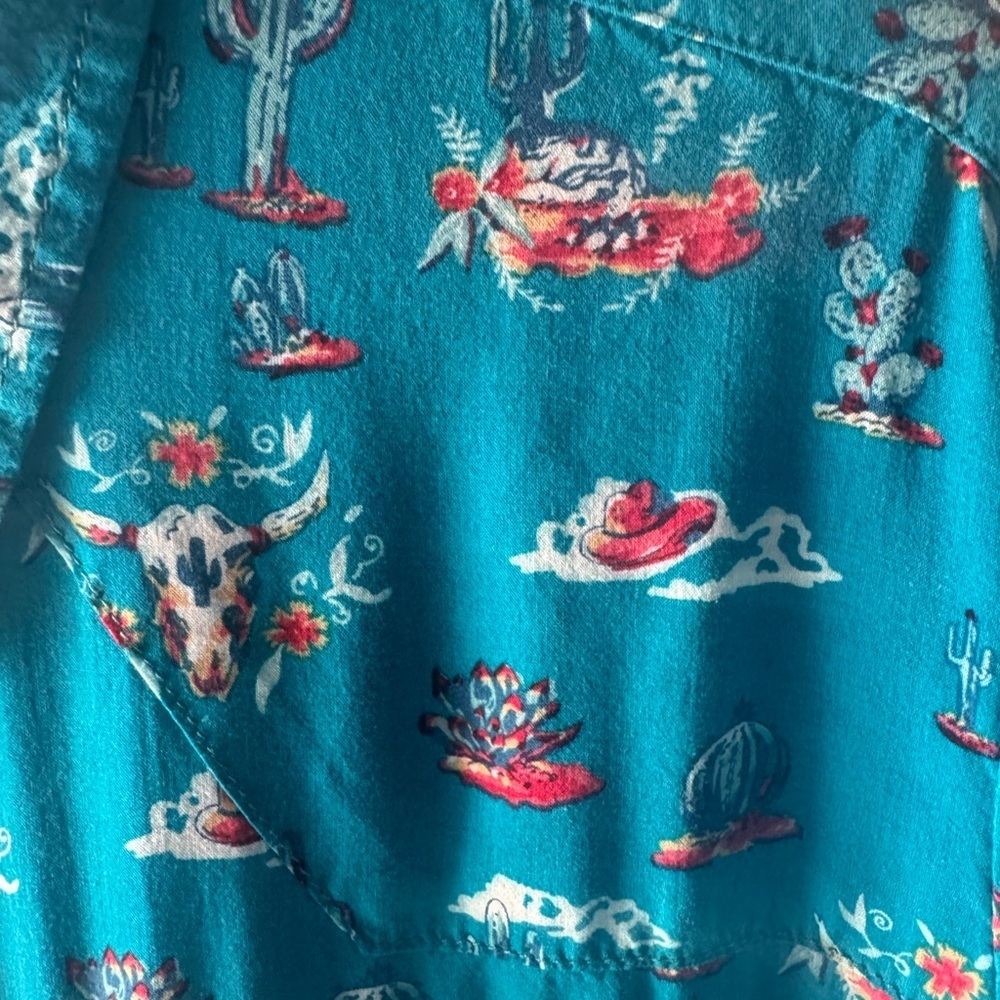 Roper Teal Button Down Shirt with Red and White Accents - Picture 4 of 4